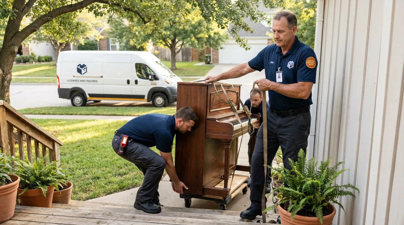 Licensed piano movers securing grand piano in Crooks, SD