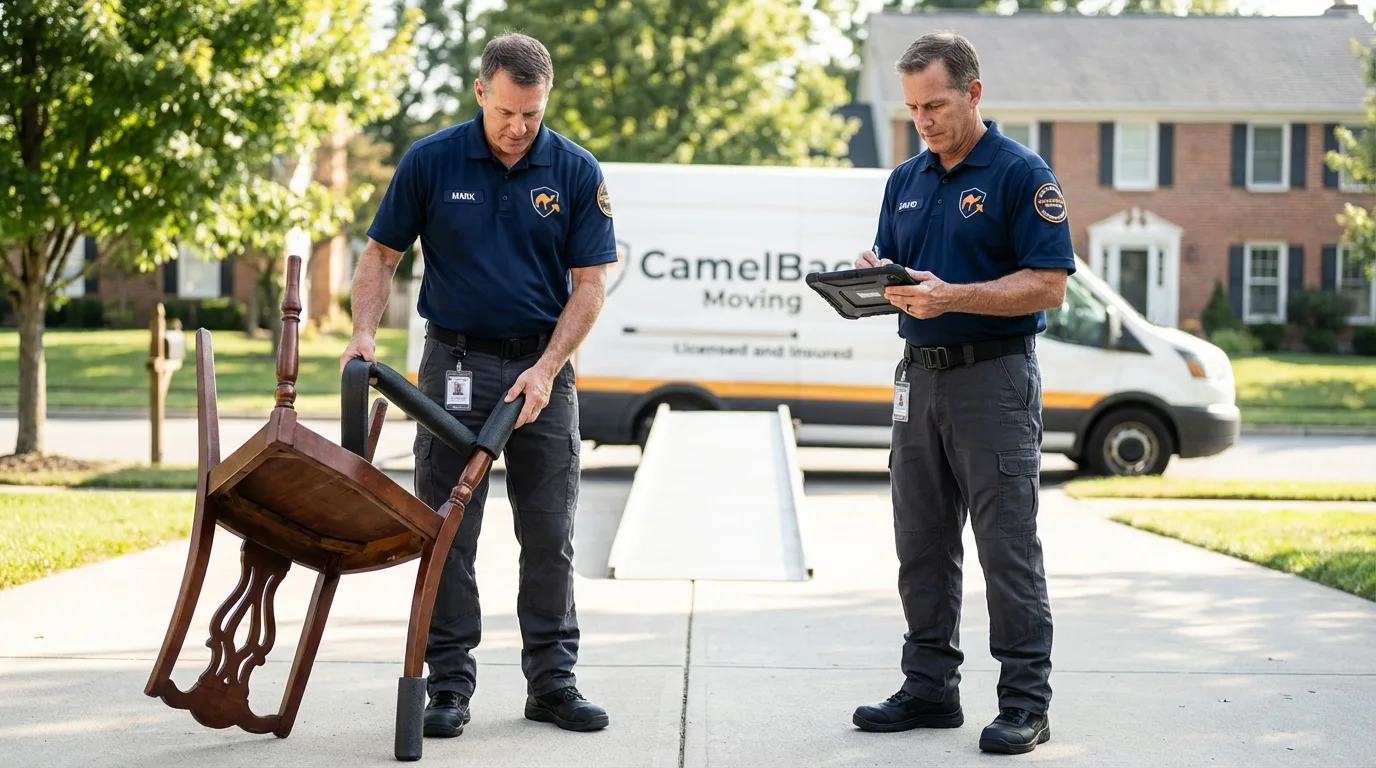 Movers inspecting furniture for damage prevention before loading in Crooks, SD