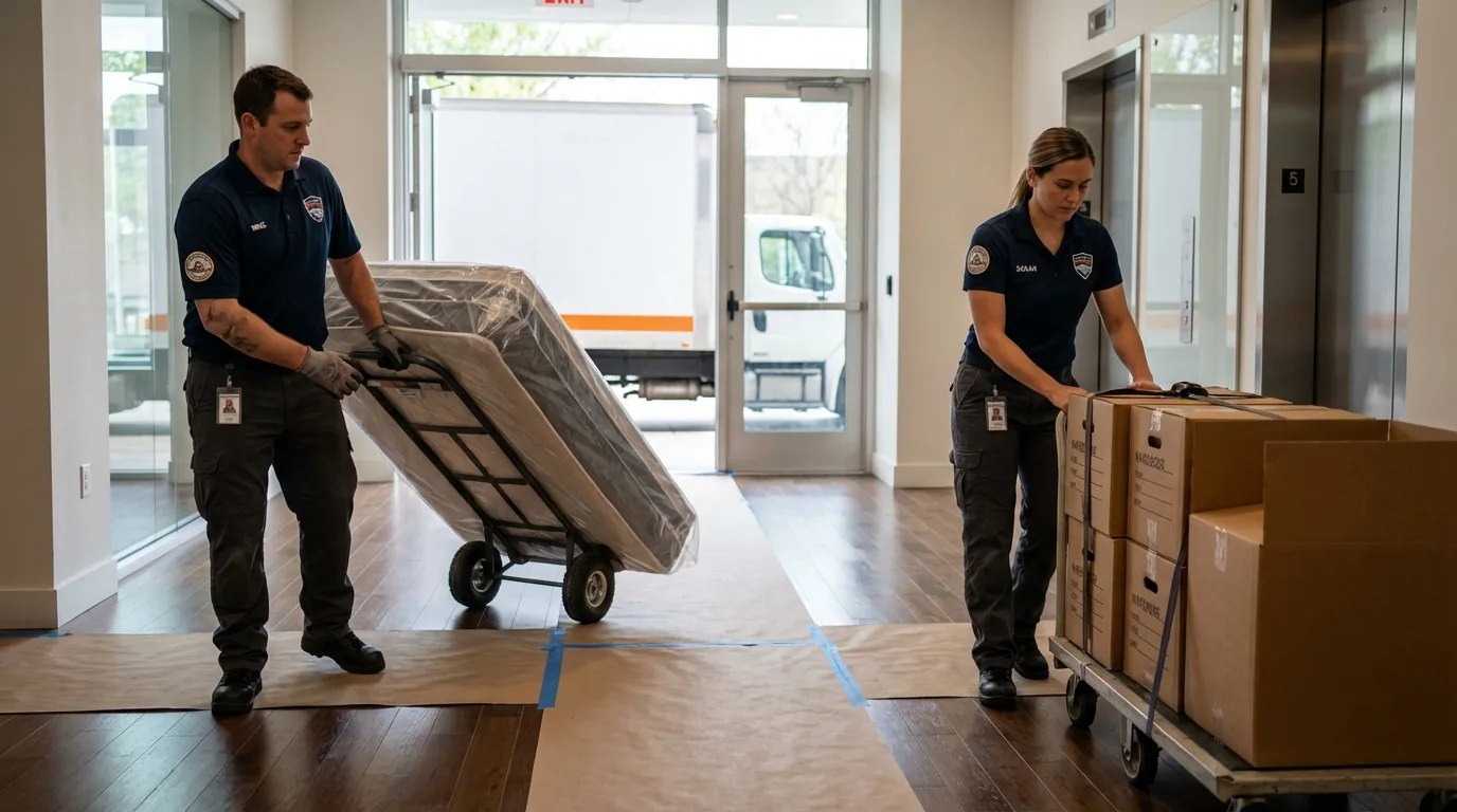 Professional apartment movers loading elevator in Crooks, SD